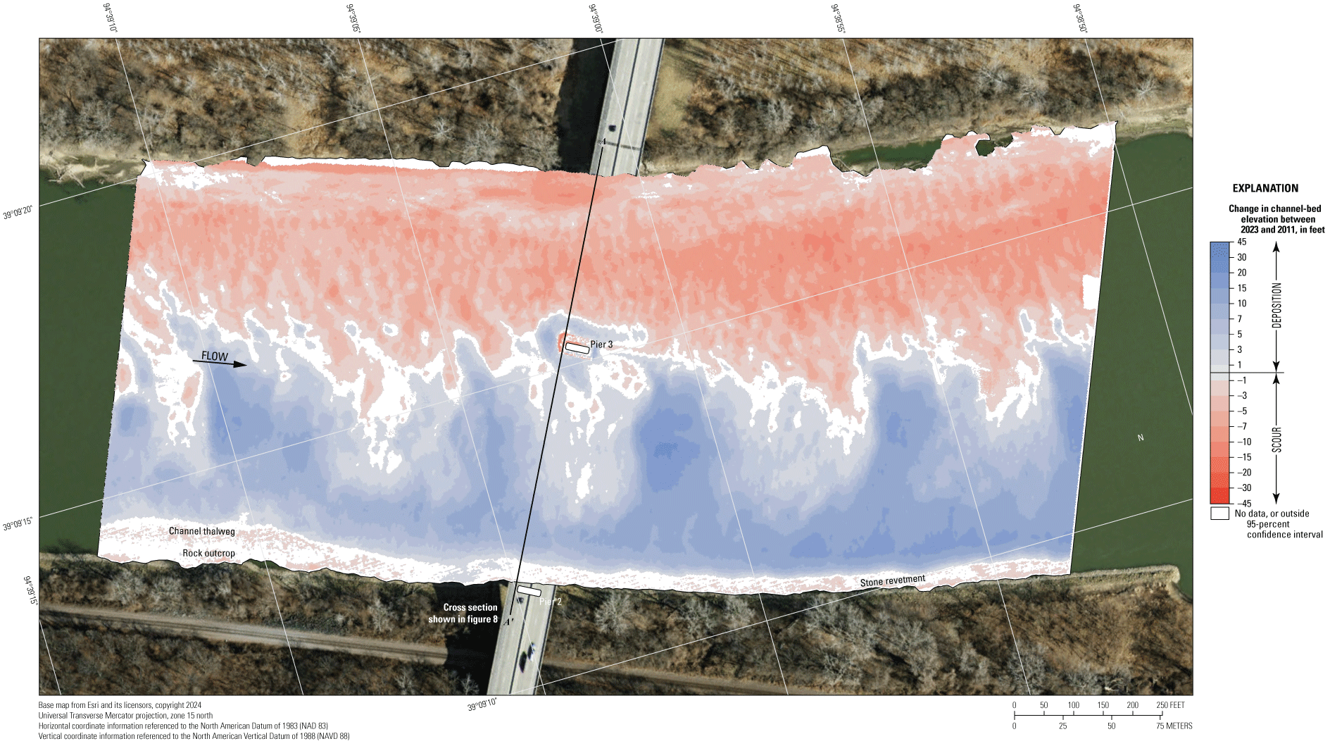 Difference between surveys at the Interstate 635 bridge in Kansas City on August 8,
2023, and July 16, 2011.