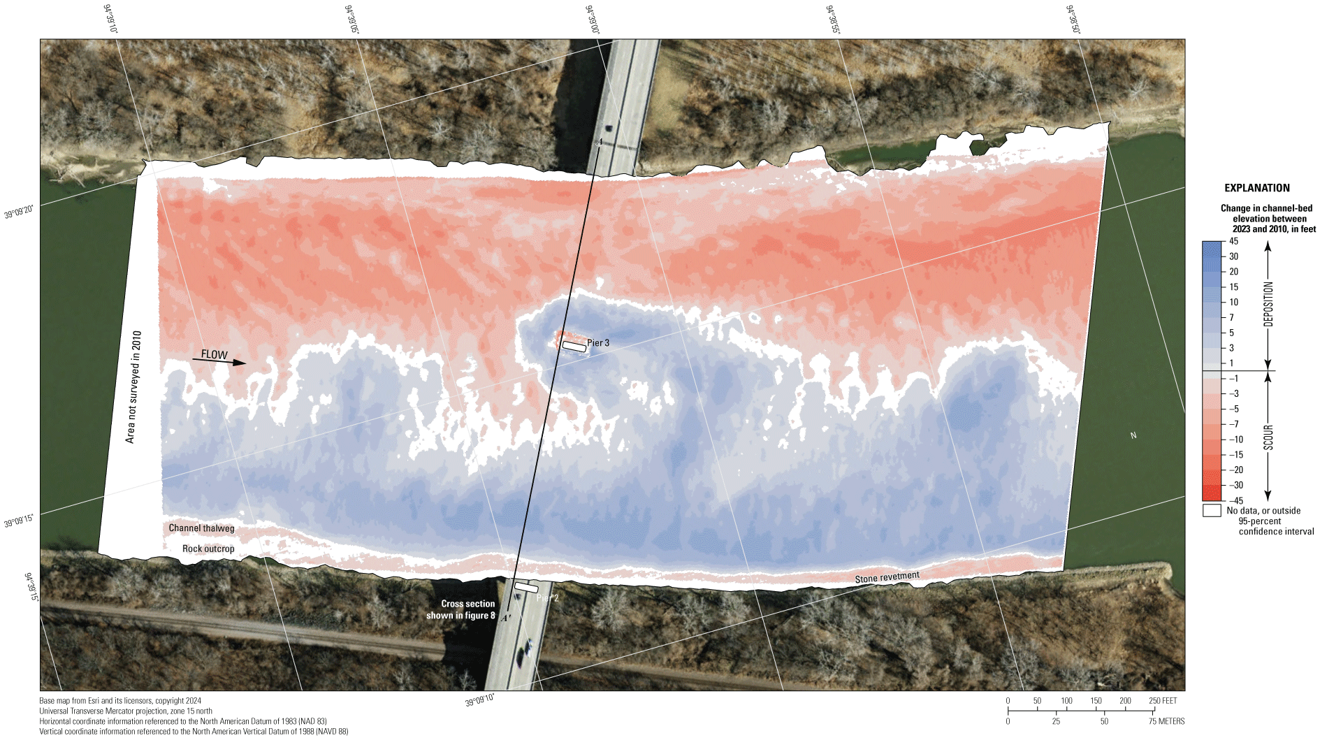 Difference between surveys at the Interstate 635 bridge in Kansas City on August 8,
2023, and March 15, 2010.