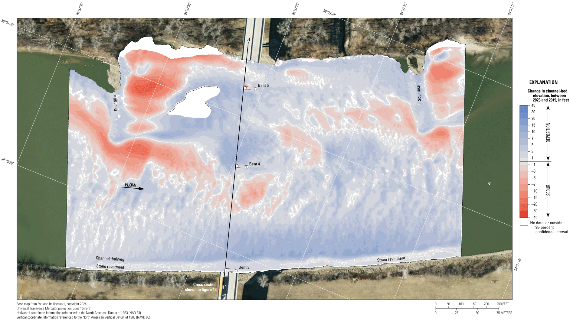 Difference between surveys at the U.S. Highway 69 bridge in Kansas City on August
8, 2023, and August 13, 2019.