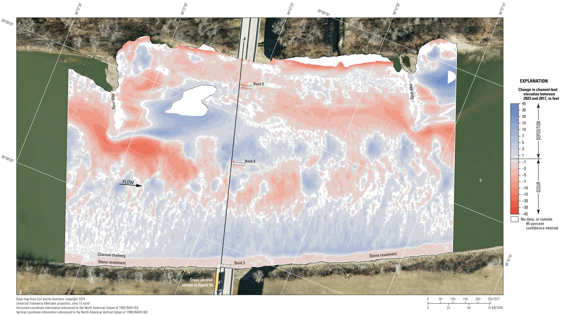 Difference between surveys at the U.S. Highway 69 bridge in Kansas City on August
8, 2023, and May 22, 2017.