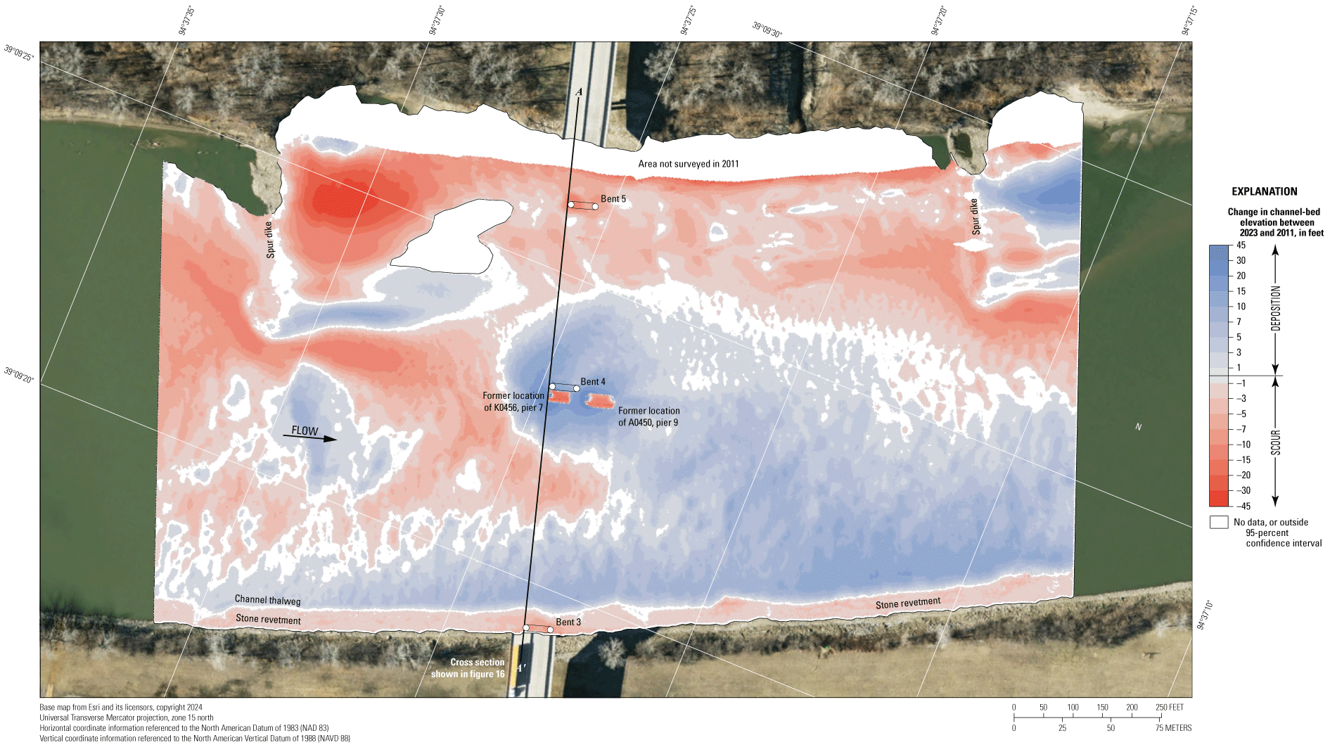 Difference between surveys at the U.S. Highway 69 bridge in Kansas City on August
8, 2023, and July 16, 2011.