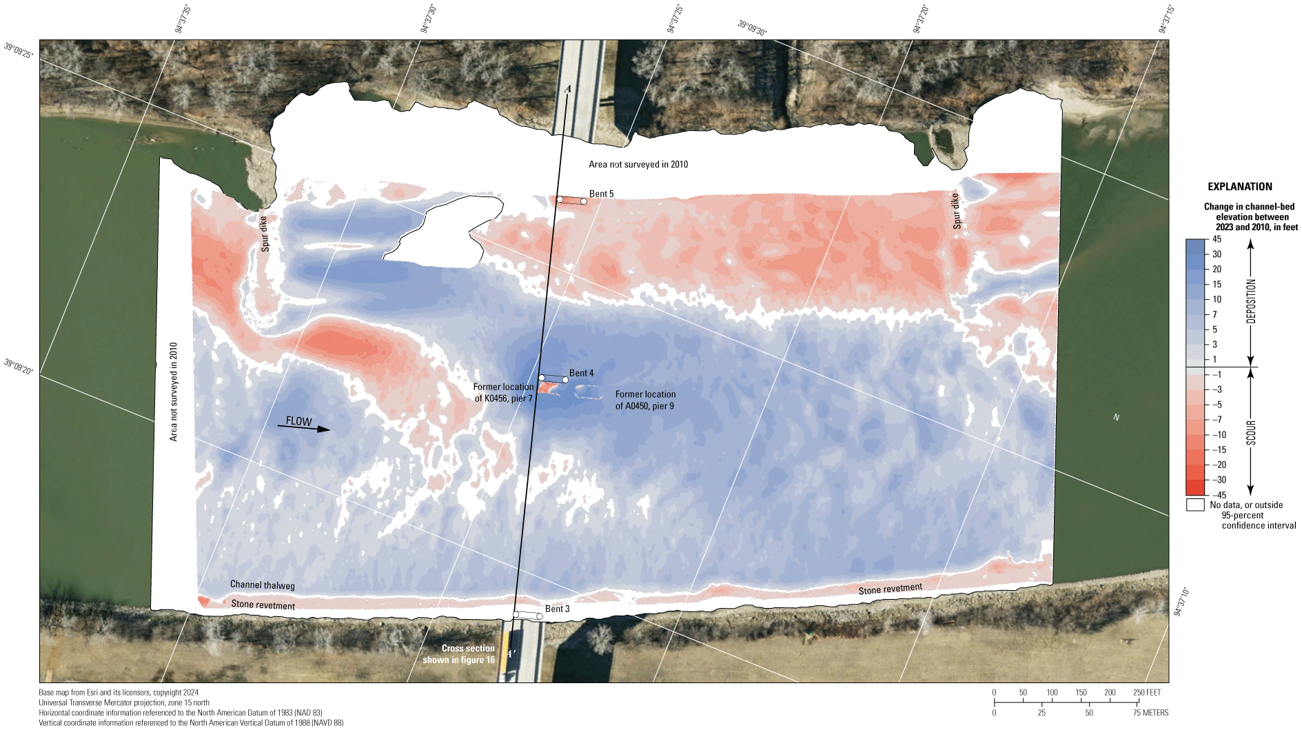 Difference between surveys at the U.S. Highway 69 bridge in Kansas City on August
8, 2023, and March 15, 2010.