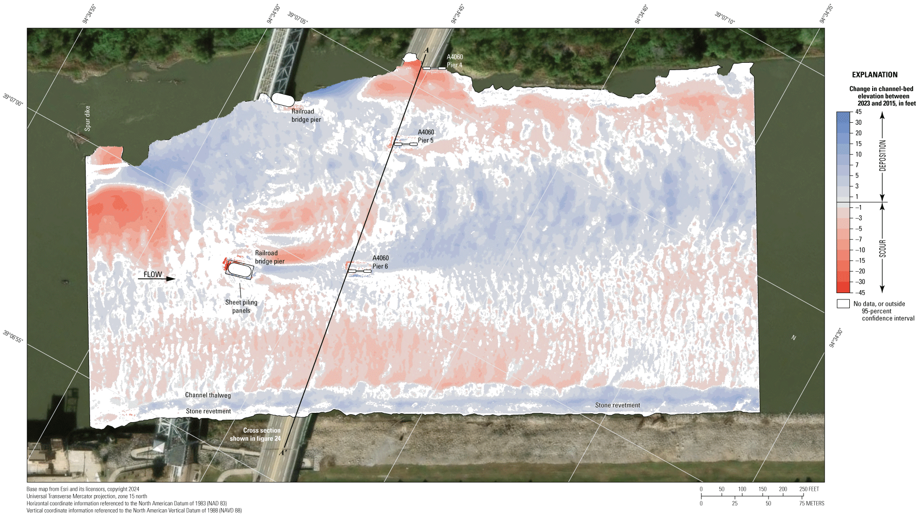 Difference between surveys at the State Highway 9 bridge in Kansas City on August
8, 2023, and June 3, 2015.
