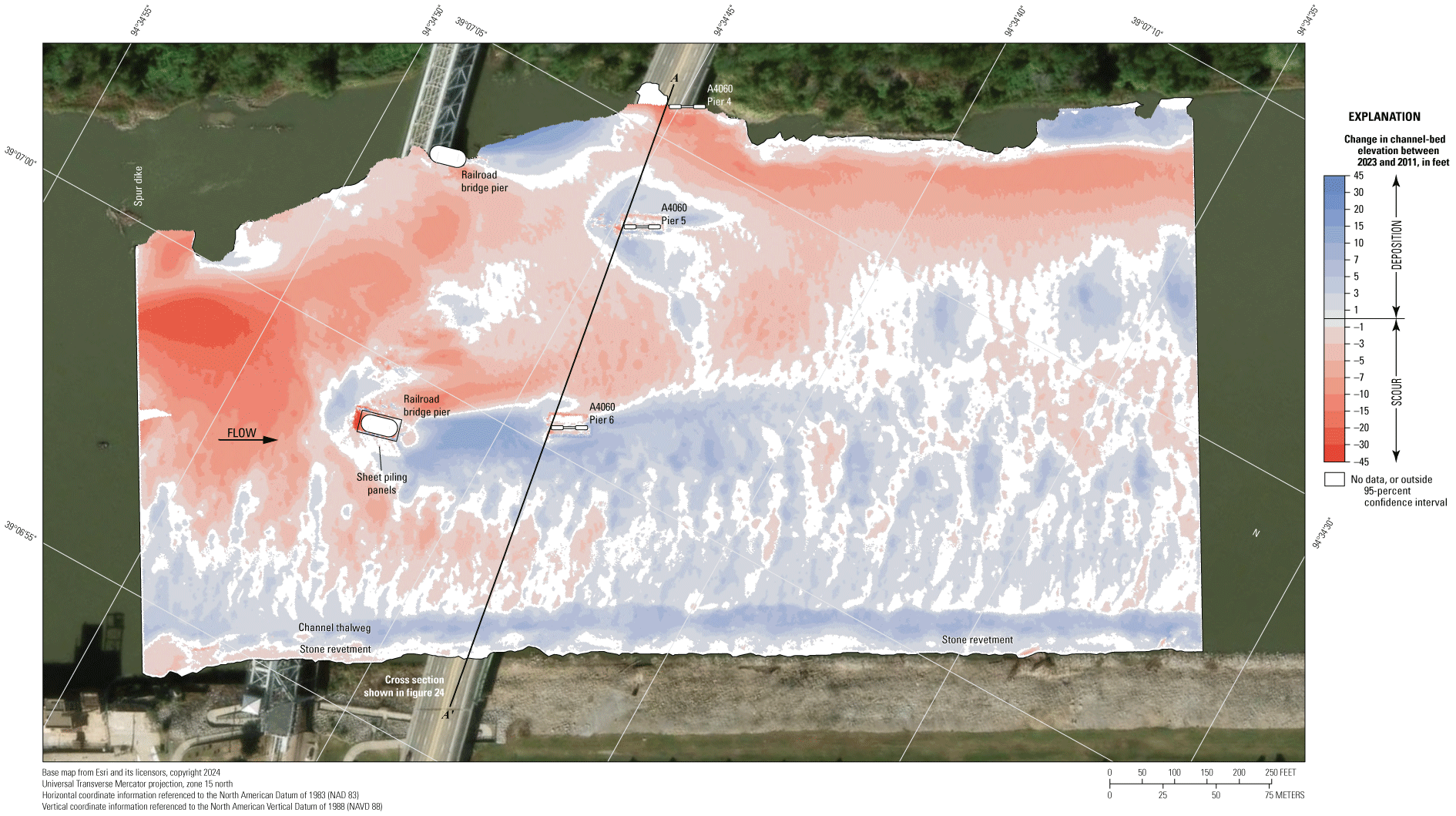Difference between surveys at the State Highway 9 bridge in Kansas City on August
8, 2023, and July 17, 2011.