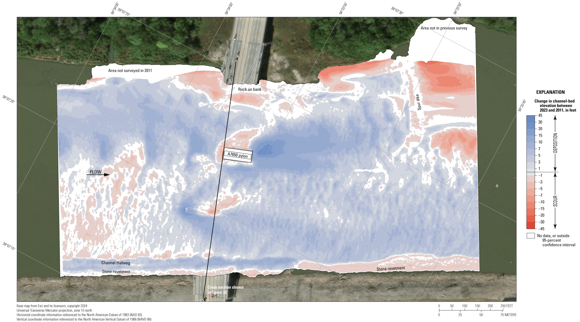 Difference between surveys at the Interstate 35 bridge in Kansas City on August 8,
2023, and July 17, 2011.