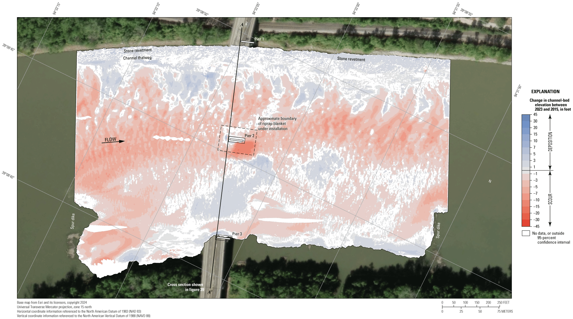 Difference between surveys at the Missouri Highway 269 bridge in Kansas City on August
9, 2023, and June 3, 2015.