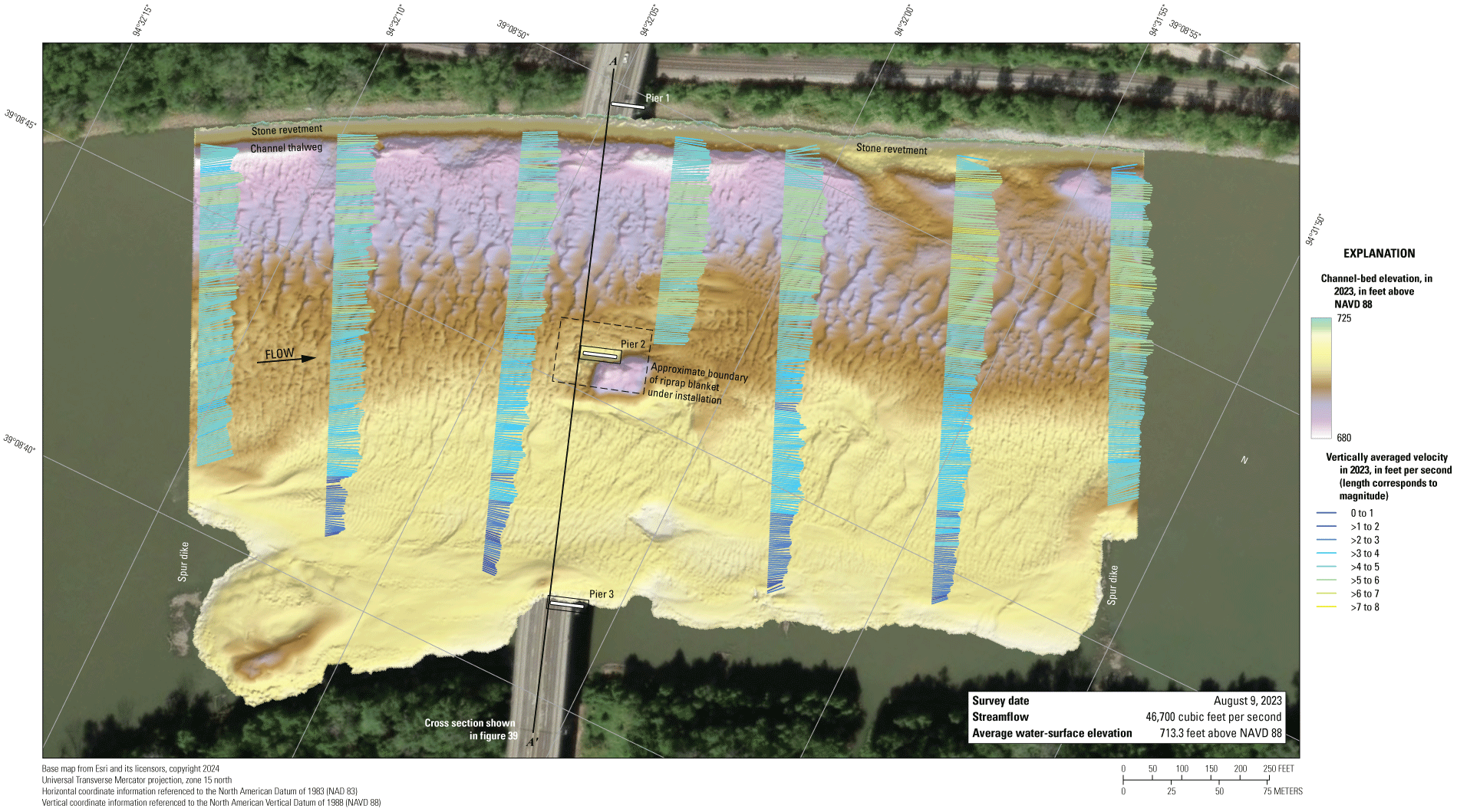 The Missouri River channel bottom at the Missouri Highway 269 bridge in Kansas City
on August 9, 2023, with overlain velocity vectors.