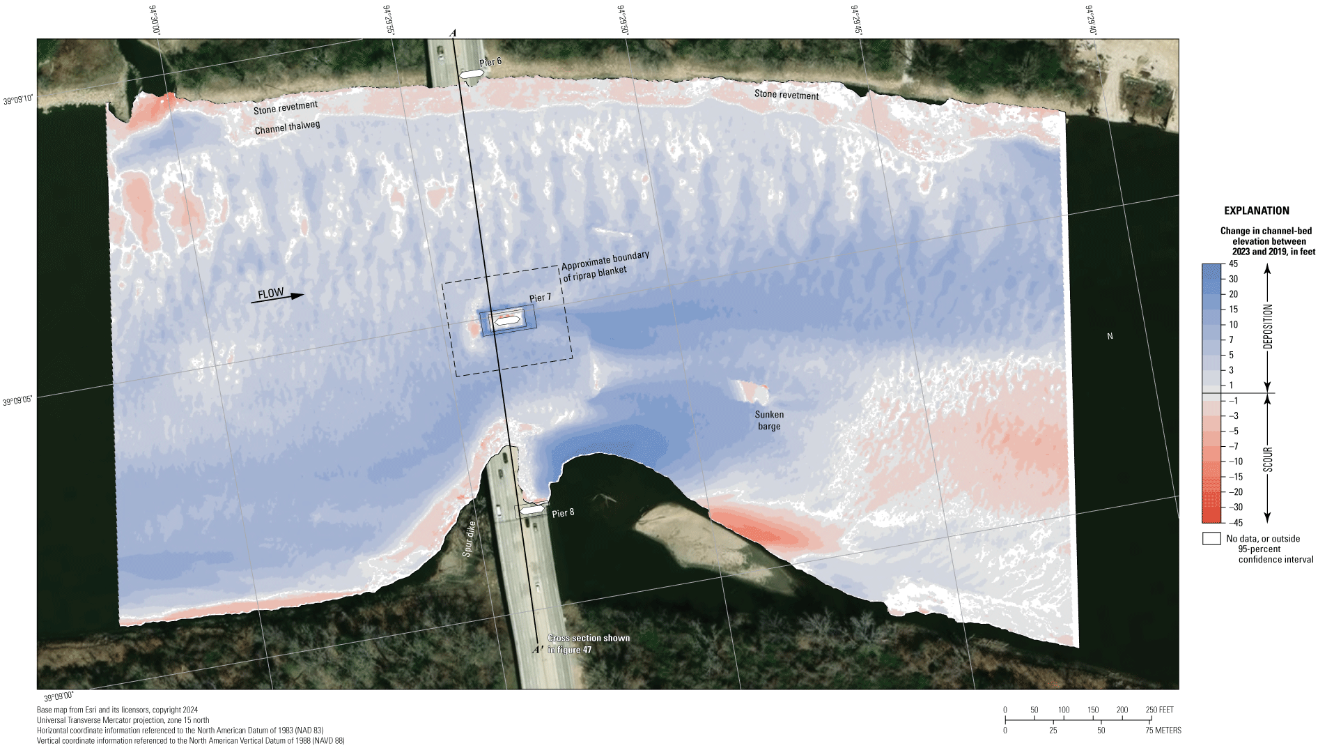 Difference between surveys at the Interstate 435 bridge in Kansas City on August 9,
2023, and August 14, 2019.