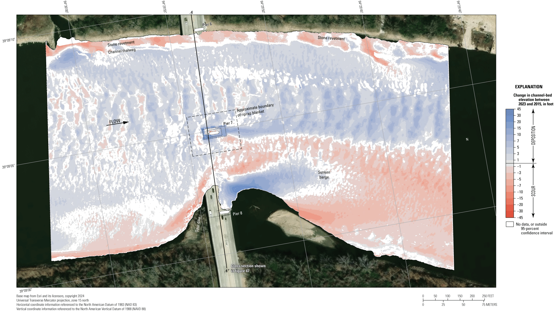 Difference between surveys at the Interstate 435 bridge in Kansas City on August 9,
2023, and June 4, 2015.