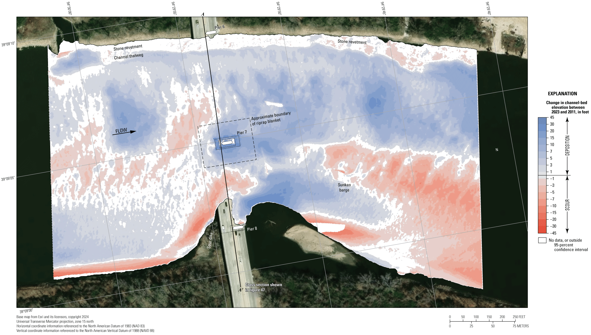 Difference between surveys at the Interstate 435 bridge in Kansas City on August 9,
2023, and July 18, 2011.