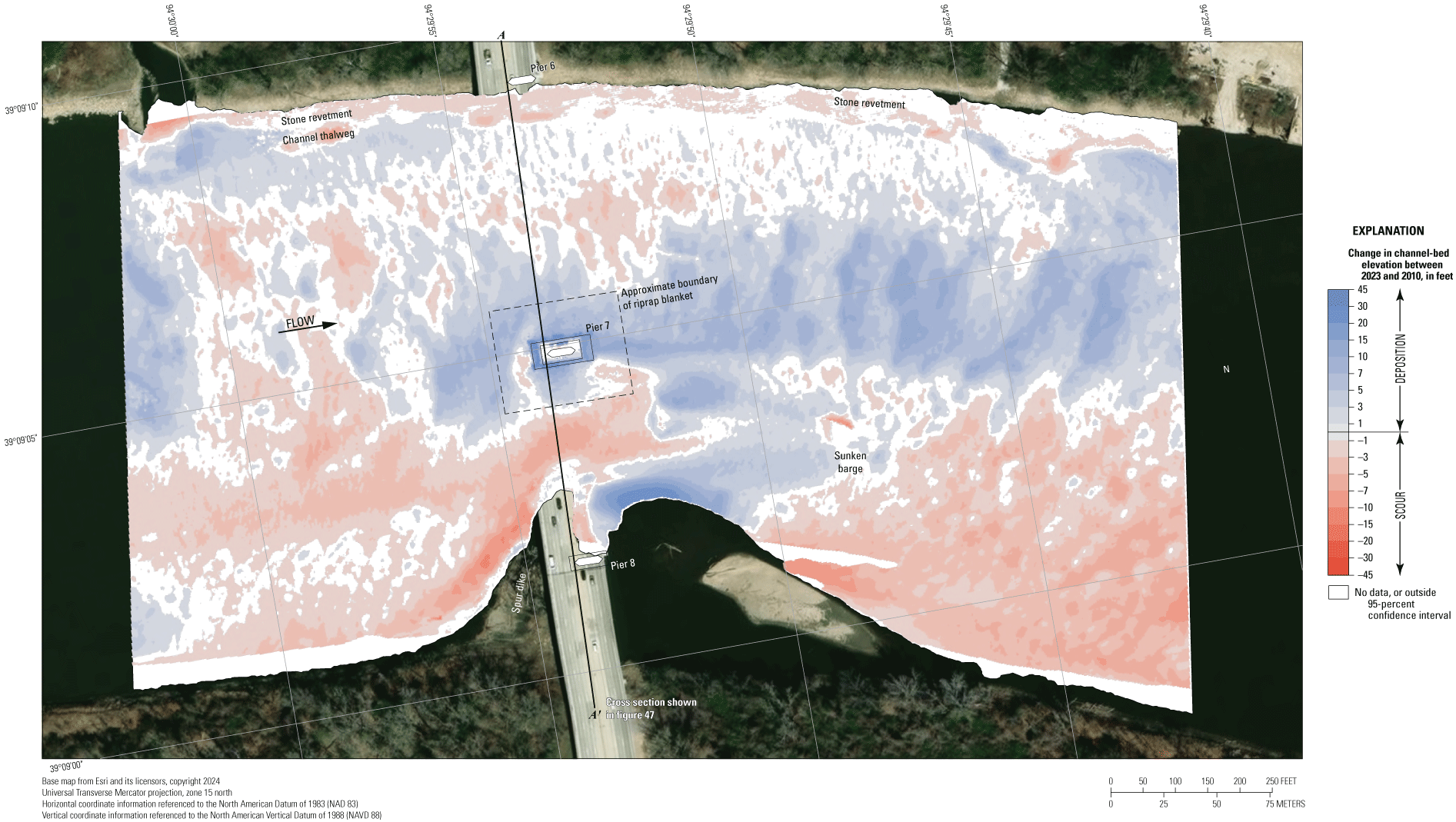 Difference between surveys at the Interstate 435 bridge in Kansas City on August 9,
2023, and March 17, 2010.