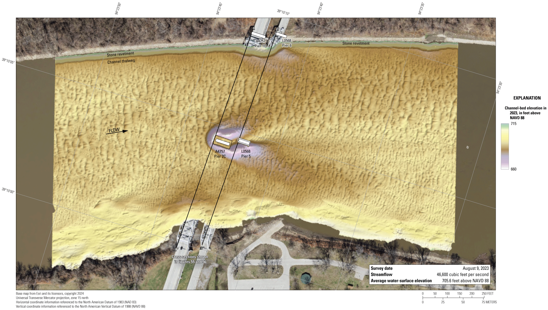 The Missouri River channel bottom at the Missouri Highway 291 bridges near Kansas
City on August 9, 2023.