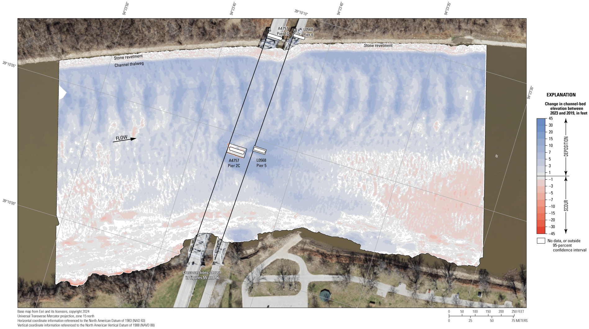 Difference between surveys at the Missouri Highway 291 bridges near Kansas City on
August 9, 2023, and August 14, 2019.