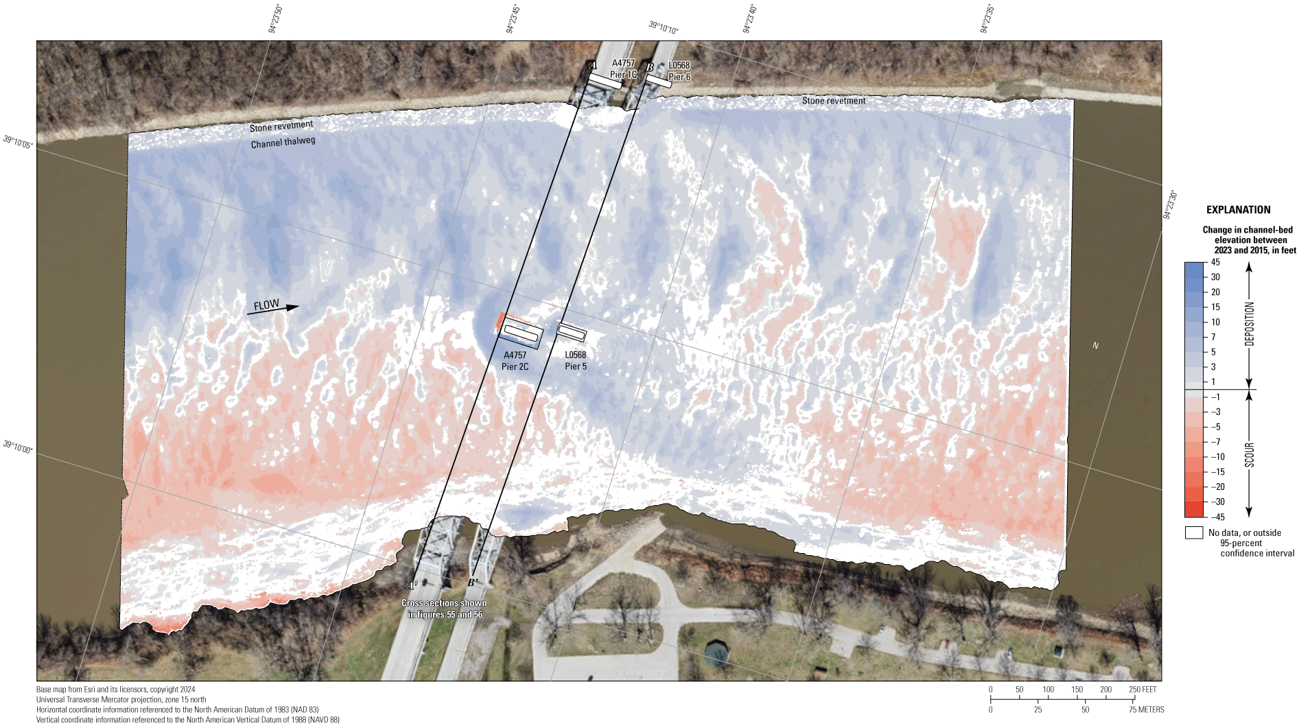 Difference between surveys at the Missouri Highway 291 bridges near Kansas City on
August 9, 2023, and June 4, 2015.