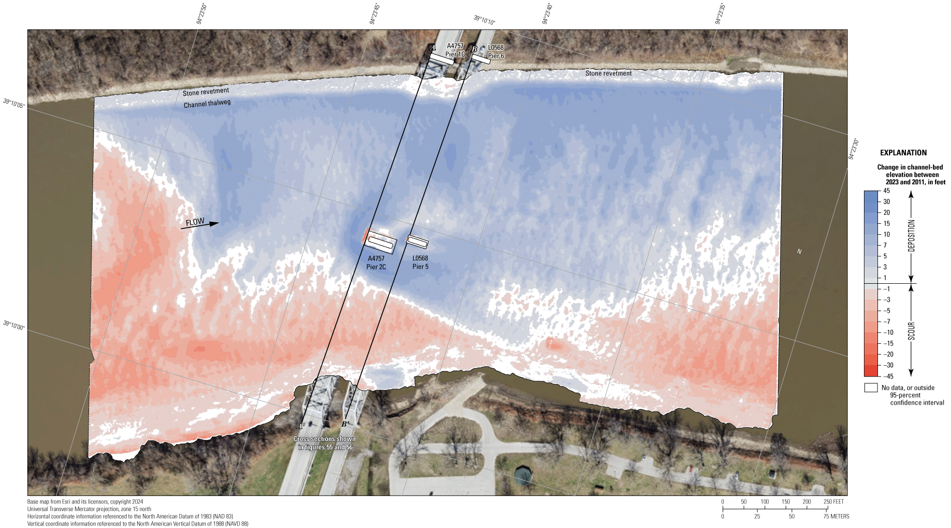 Difference between surveys at the State Highway 291 bridges near Kansas City on August
9, 2023, and July 19, 2011.