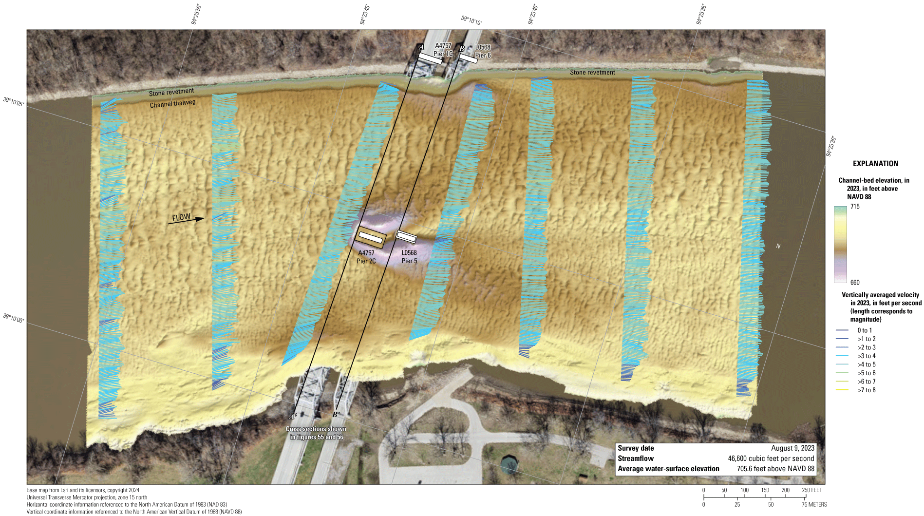 The Missouri River channel bottom at the Missouri Highway 291 bridges near Kansas
City on August 9, 2023, with overlain velocity vectors.