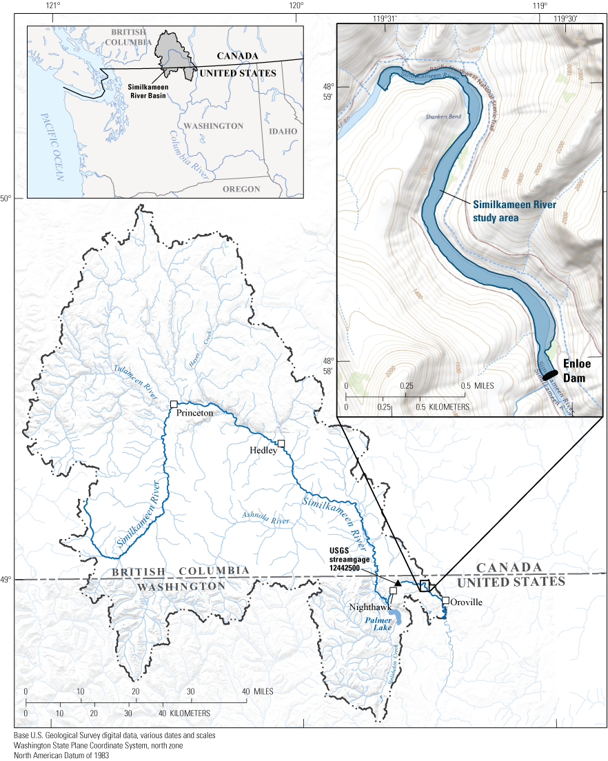 The study area is in the southeastern part of the Similkameen River Basin, in Washington
State. In the study area, the Similkameen River meanders through a canyon from northwest
to southeast before it is impounded by the Enloe Dam at the downstream end.