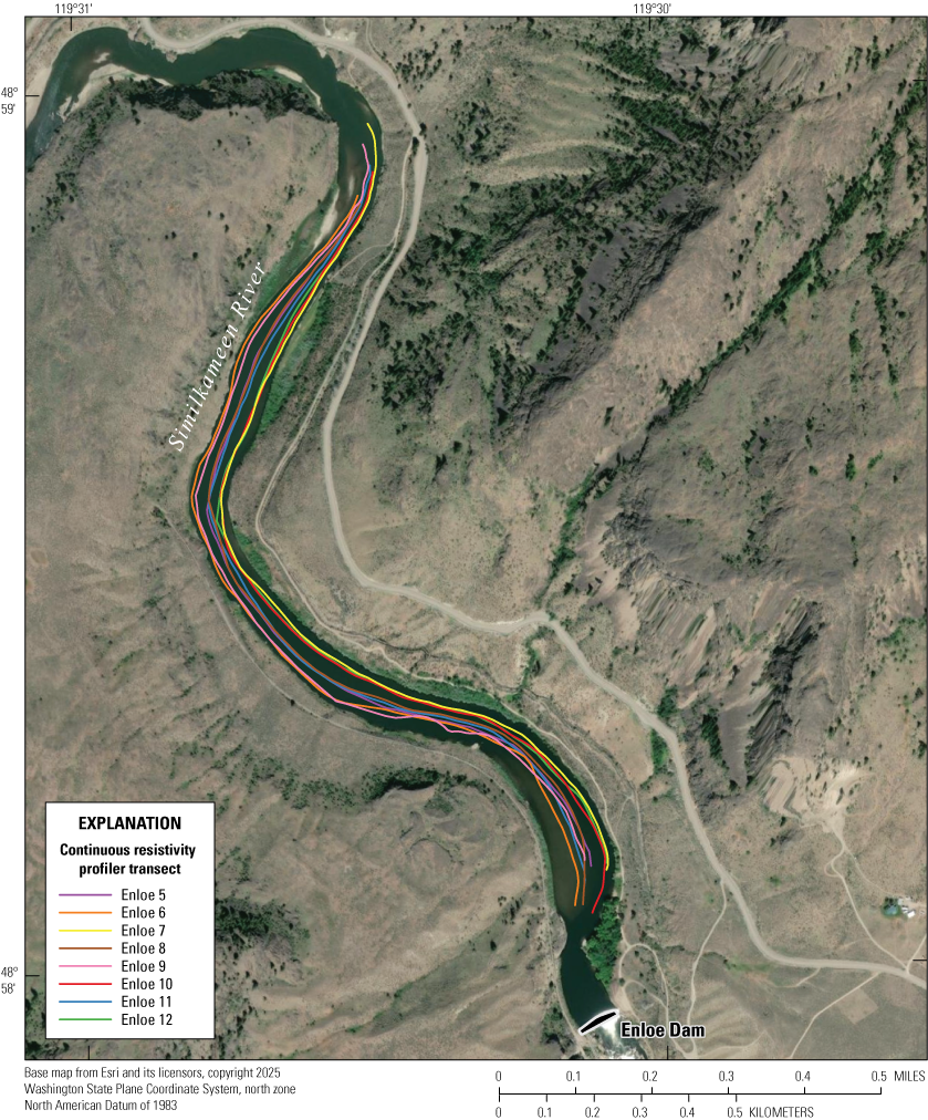 The eight longitudinal continuous resistivity profile transects are parallel lines
within the Enloe Dam impoundment area of the Similkameen River. The lines are oriented
in the direction of the river’s flow and mirror the shape of the river. Enloe transects
7, 10, and 12 are on the river left side of the impoundment. Enloe transects 6 and
9 are on the river right side of the impoundment. Enloe transects 5, 8, and 11 are
along the center of the impoundment.