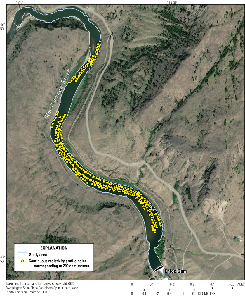 Many continuous resistivity profile points are shown along the length of the Enloe
Dam impoundment area and extending from side-to-side within the channel. There are
two clusters of points; a longer cluster that is closer to the dam, and a shorter
cluster further from the dam.