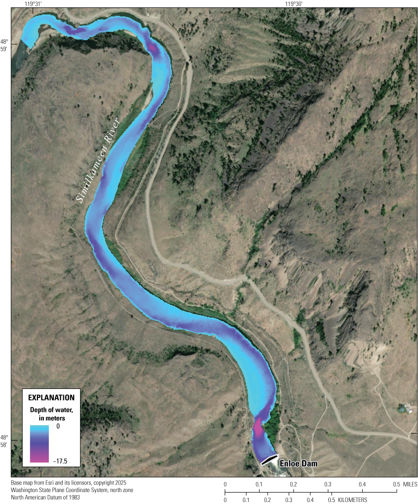 The deepest part of the Enloe Dam impoundment area is 150 meters upstream from Enloe
Dam. The deeper parts of the impoundment area are at the outside of river meanders.
The shallowest parts of the impoundment area occur within the inside of the meander
bends.