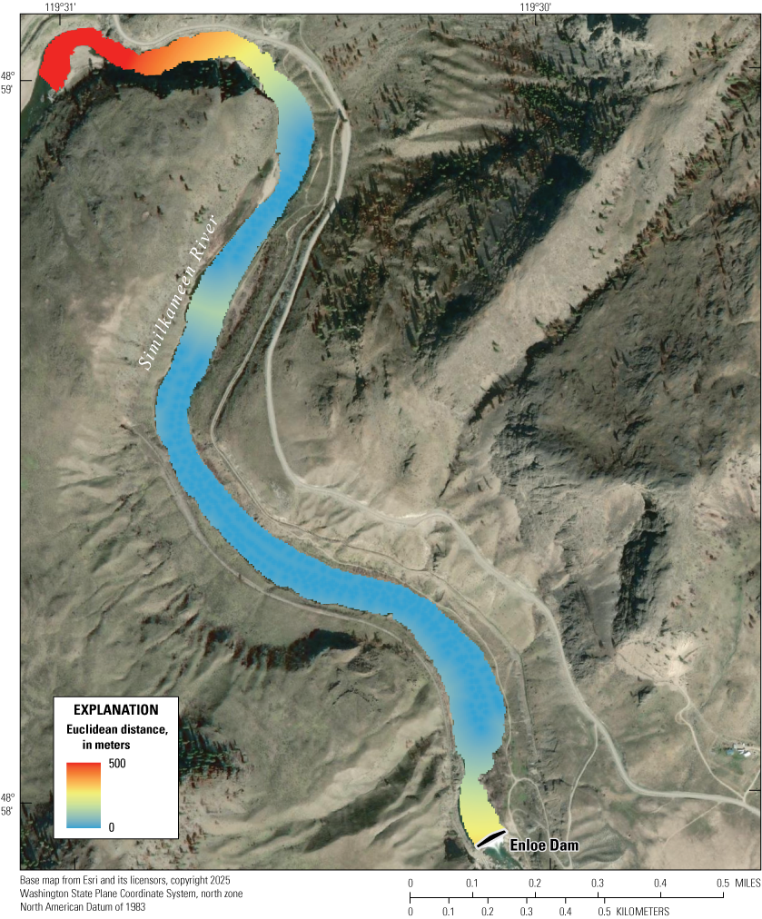 Euclidean distance between selected 200 ohm-meter points is greatest in the northernmost
part of the Enloe Dam impoundment area.