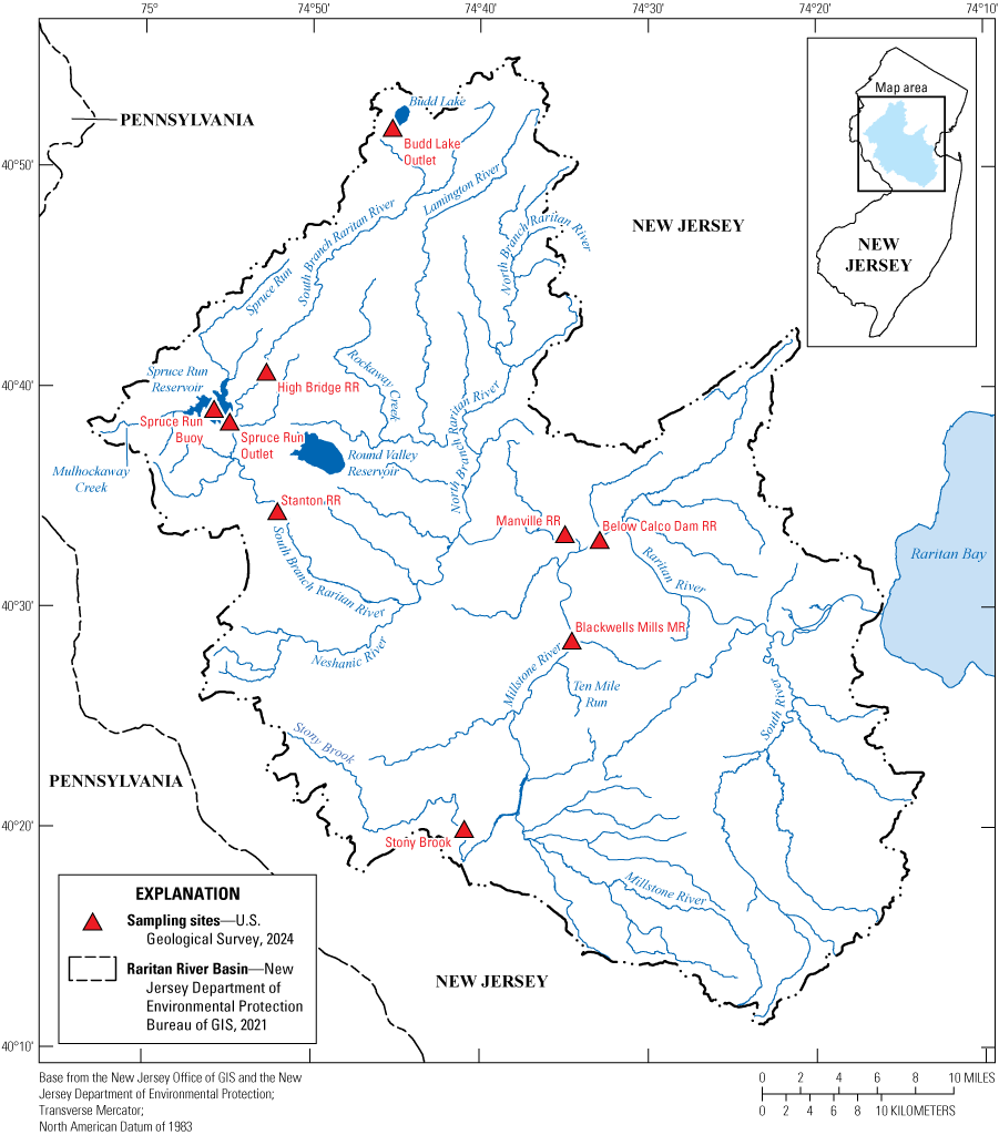 Map showing various sampling sites located in the Raritan Water Supply Complex area.
