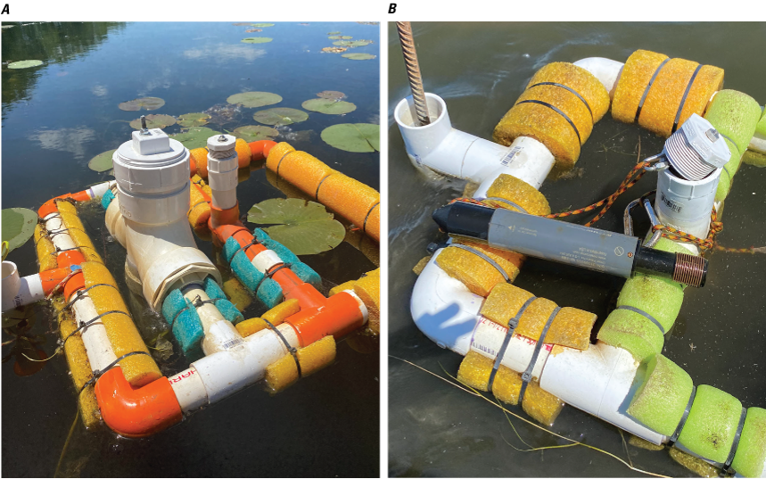 Two floats built from polyvinyl chloride (PVC) and pool noodles floating in the water.