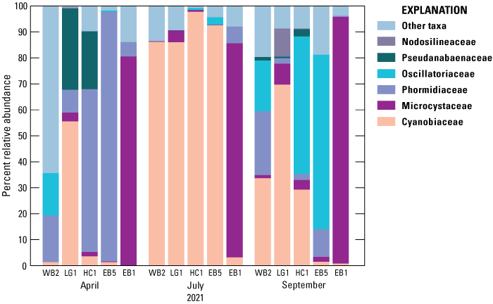 Communities varied in time and space. Microcystaceae was dominant at EB1. In July,
Cyanobiaceae were dominant everywhere else.