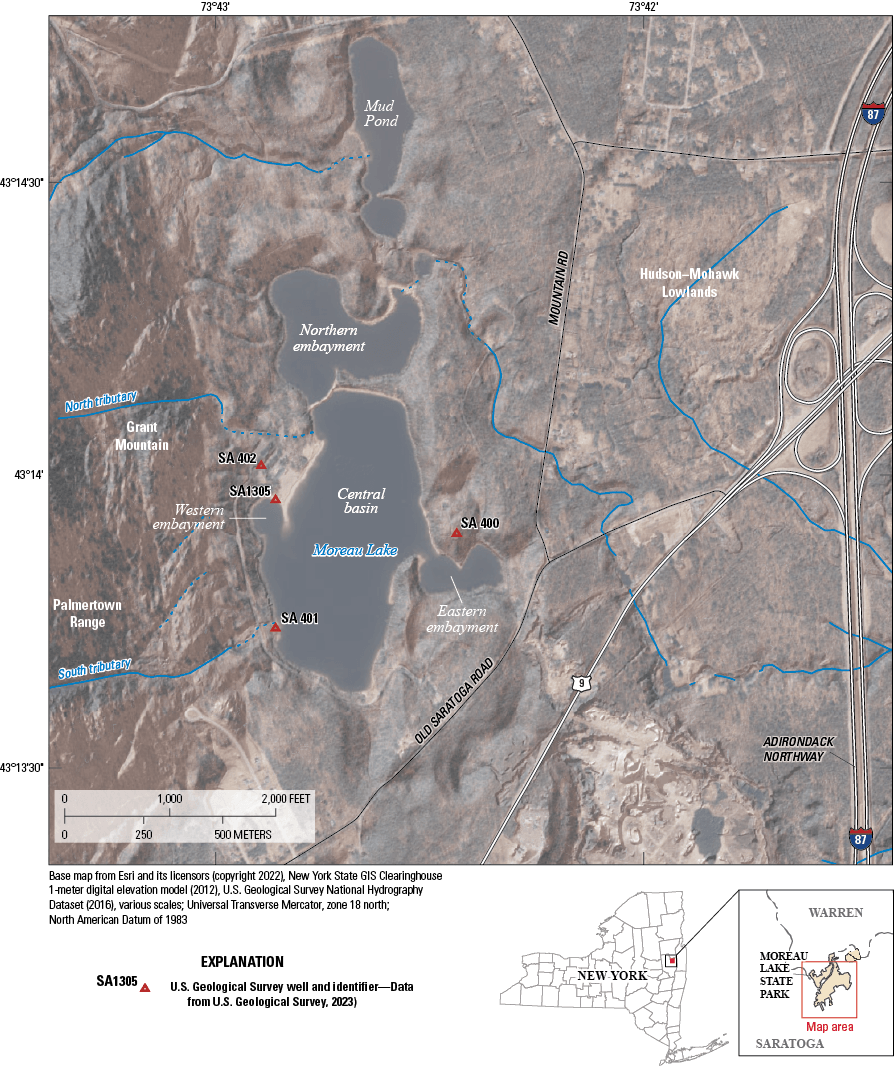 Three study wells are on the western side of the lake, and one is on the eastern side.
