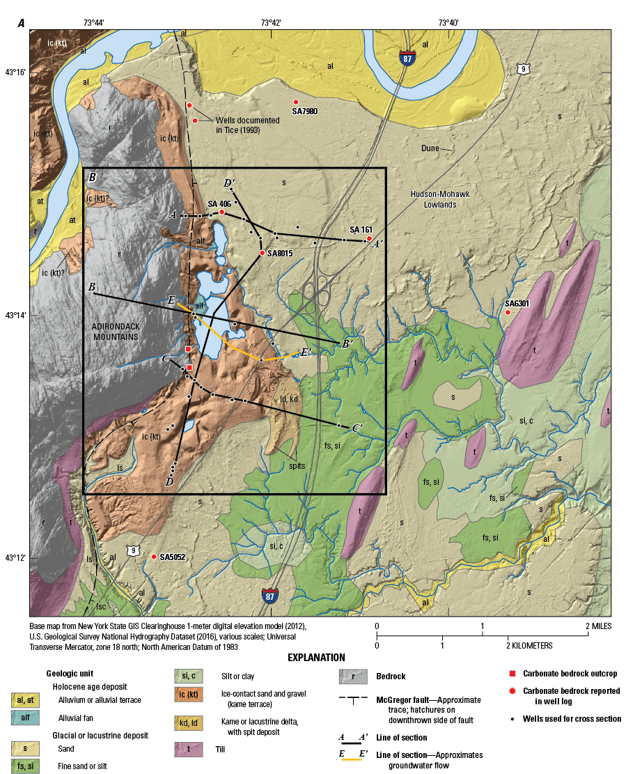 There are four west-east sections and one south-north section in the study area. Surficial
                        deposits indicate different environments during deglaciation of the area.