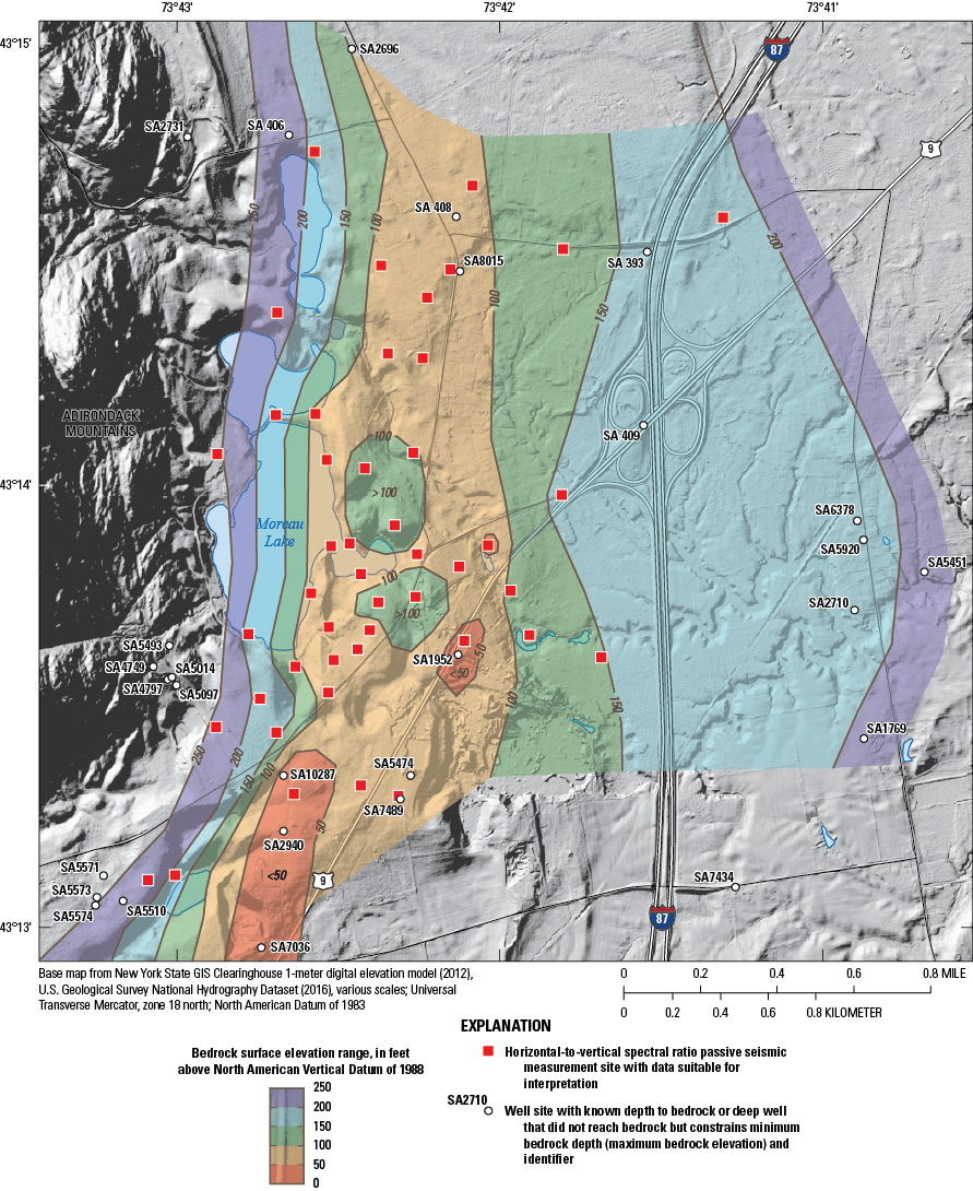 The bedrock surface beneath glacial deposits features a north-south bedrock trough
                        immediately east and south of Moreau Lake.
