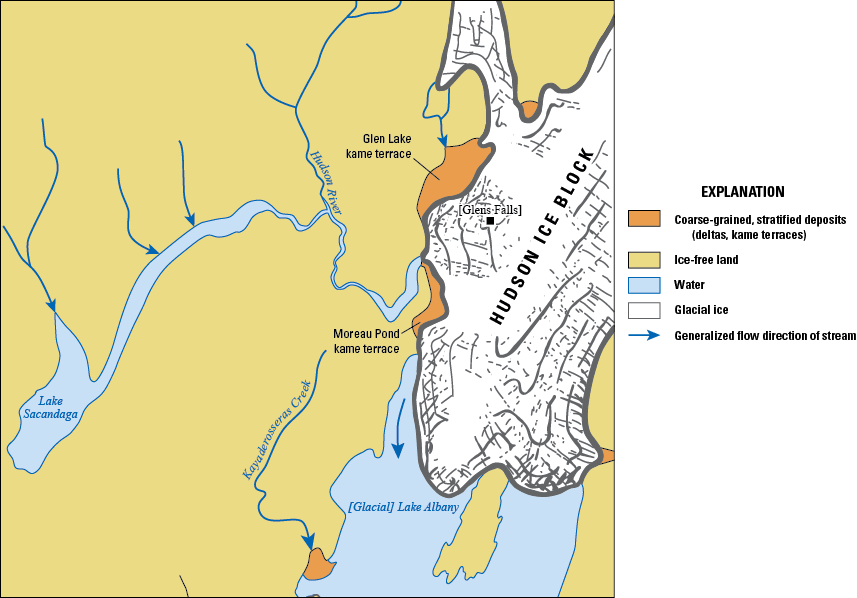 The Hudson ice block extended southwestward past the Moreau Pond kame terrace to glacial
                        Lake Albany.