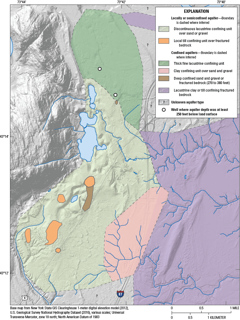 Confined sand and gravel and fractured bedrock aquifers in the lowland area surrounding
                        Moreau Lake to the north, east, and south are mostly confined by discontinuous to
                        continuous fine-grained lacustrine deposits.