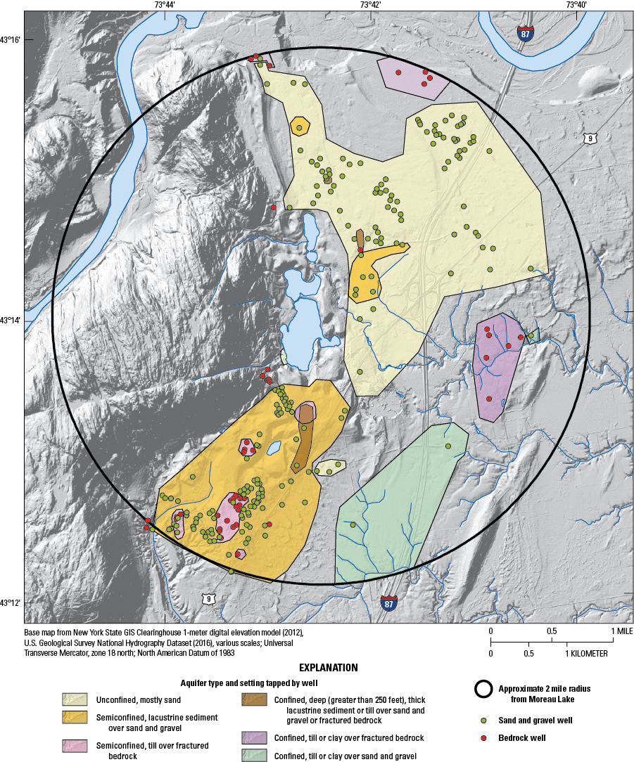 Most wells were drilled in a semiconfined aquifer south of Moreau Lake and an unconfined
                        aquifer north and east of the lake.