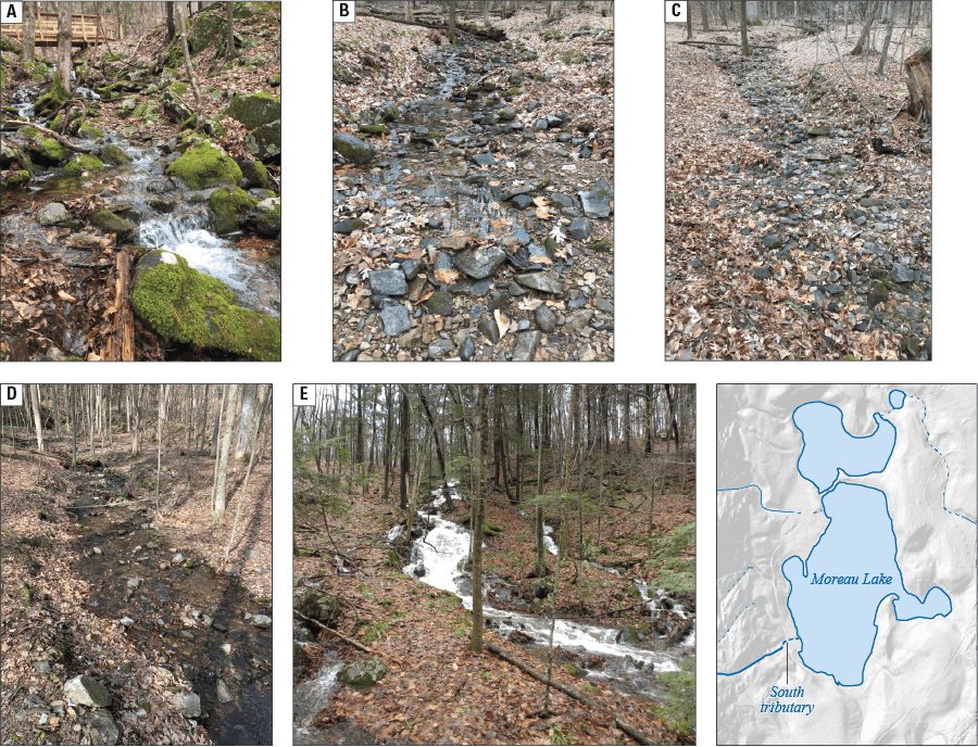 When flow is less than the infiltration rate, the creek bed is dry. When flow exceeds
                        the infiltration rate, the water is white and fast-moving.