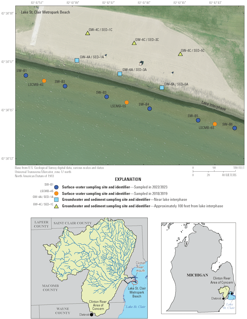 The State of Michigan with the Clinton River Area of Concern, Lake St. Clair, and
locations of surface-water, groundwater, and sediment sampling sites on the Lake St.
Clair Metropark Beach.