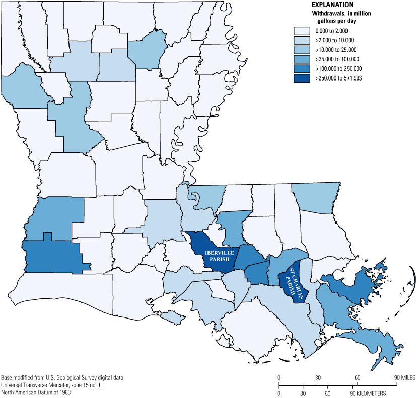 Water withdrawals are greatest in St. Charles and Iberville Parishes and vary widely
                        among parishes.