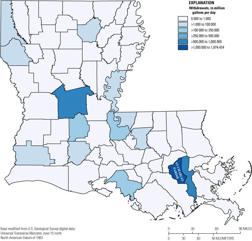 Power-generation withdrawals are greatest in St Charles Parish and vary widely among
                        parishes.