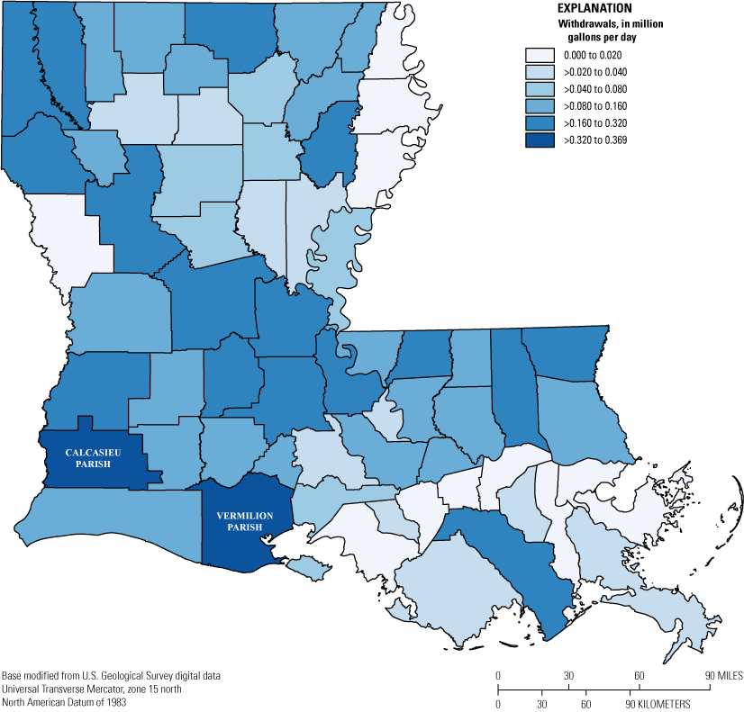 Livestock water withdrawals are greatest in Calcasieu and Vermilion Parishes.