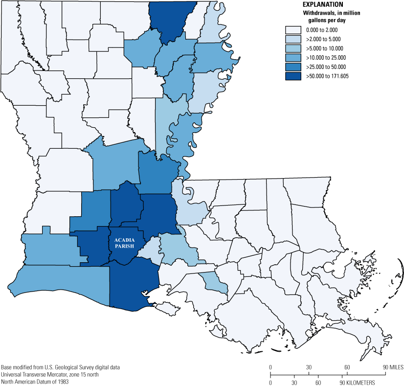 Rice-irrigation water withdrawals are greatest in Acadia Parish and vary widely among
                        parishes.