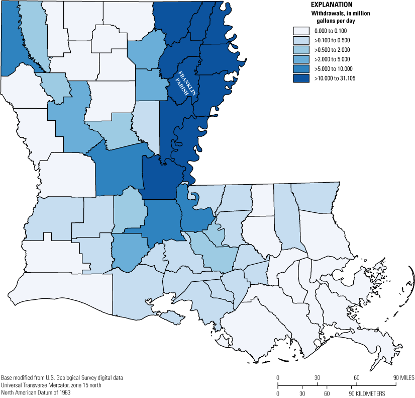 General-irrigation water withdrawals are greatest in Franklin Parish and in the northeastern
                        part of the State.