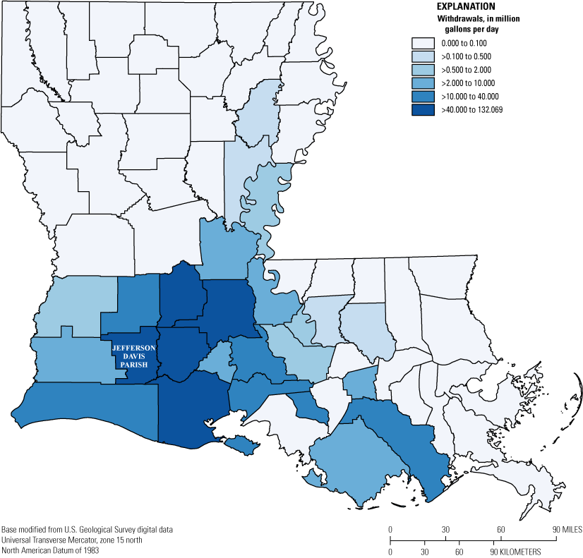 Aquaculture water withdrawals are greatest in Jefferson Davis Parish and the southwestern
                        part of the State.