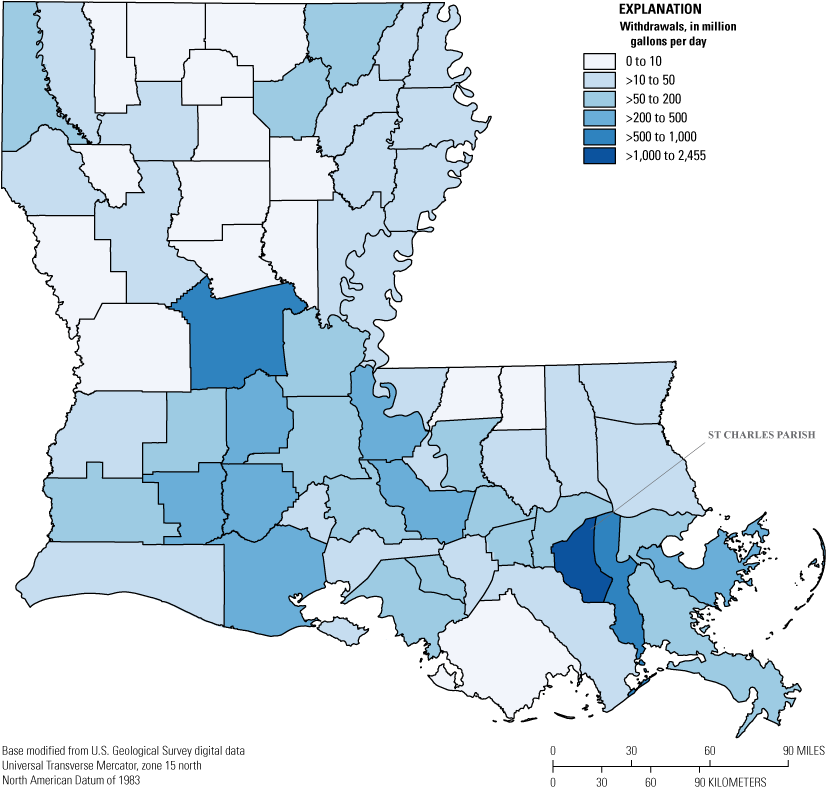 Total water withdrawals are greatest in St. Charles Parish.