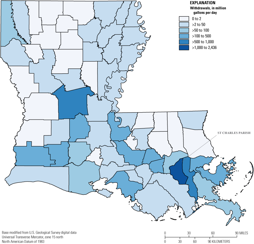 Surface-water withdrawals are greatest in St. Charles Parish.