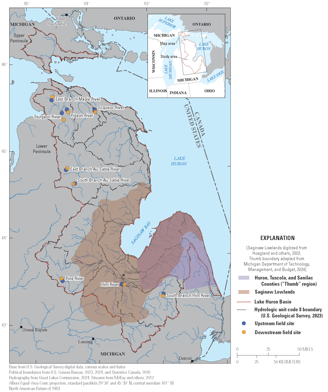 The Lake Huron Basin consumes most of the eastern half of the state of Michigan and
                        consists of 16 different hydrologic unit code 8 boundaries fully located within the
                        U.S. domestic boundaries. More field sampling locations were in the northern part
                        of the watershed, and only three sampling sites were located in the southern part
                        of the basin.