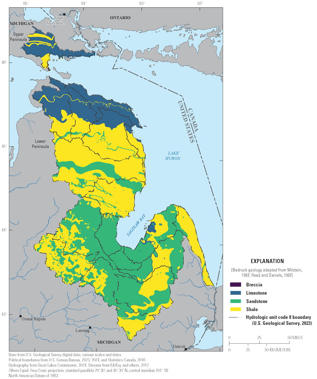 The bedrock of the Lake Huron Basin is predominantly sandstone in the southern part
                        of the basin, shale in the middle part of the basin, and limestone in the northern
                        area of the basin.