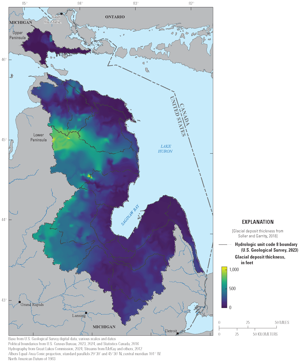 The glacial deposit thickness thins towards the coastline and within the Saginaw Bay
                        region. The area with the thickest glacial deposits, which were more than 1,000 feet
                        thick, were located in the northwestern part of the basin.