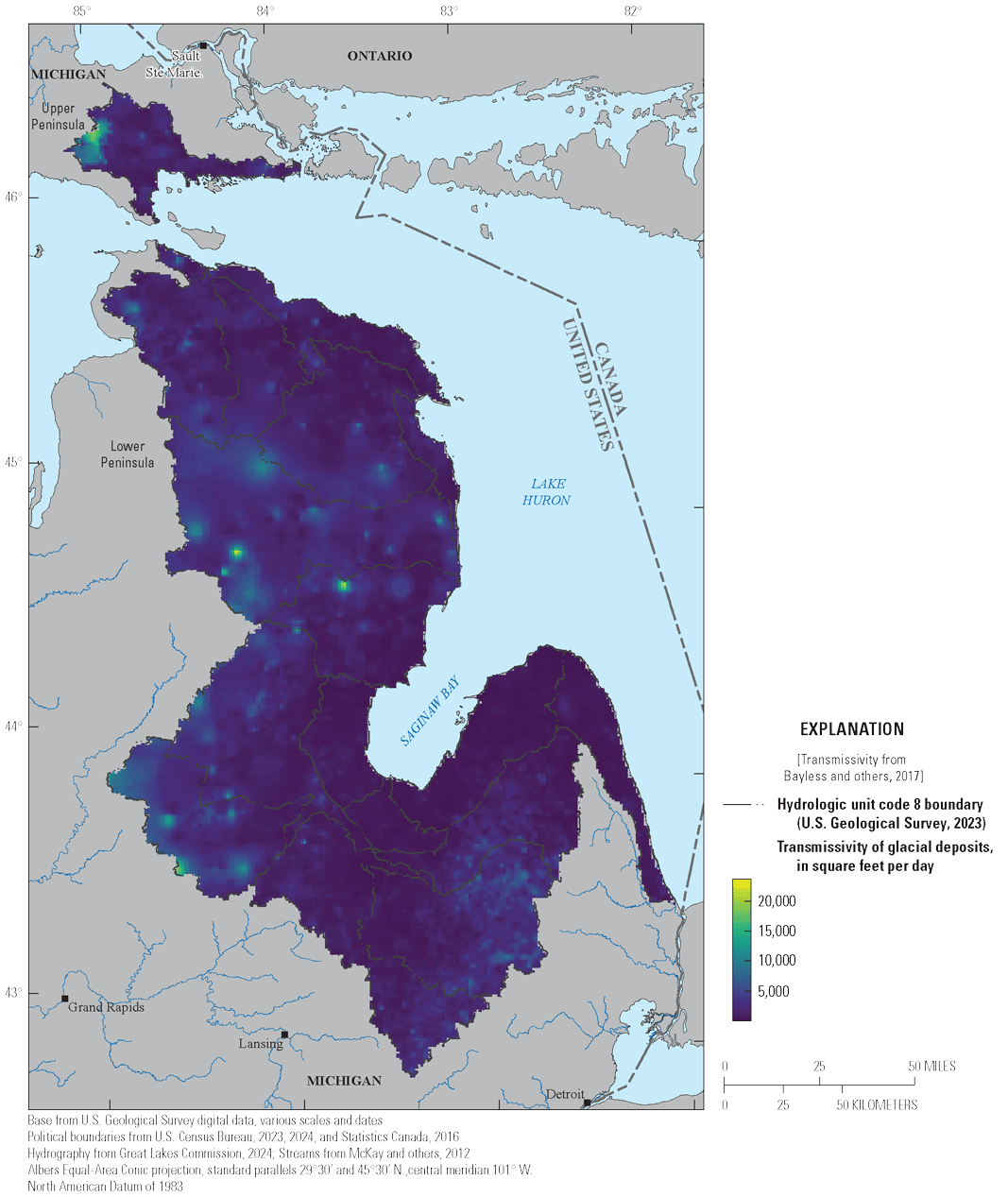 The generally thick surficial deposits consist of a variety of lithologies common
                        to glacial environments, leading to a wide range of hydraulic conductivity values
                        across the region. Areas of high transmissivity were located more in the northern
                        part of the basin.
