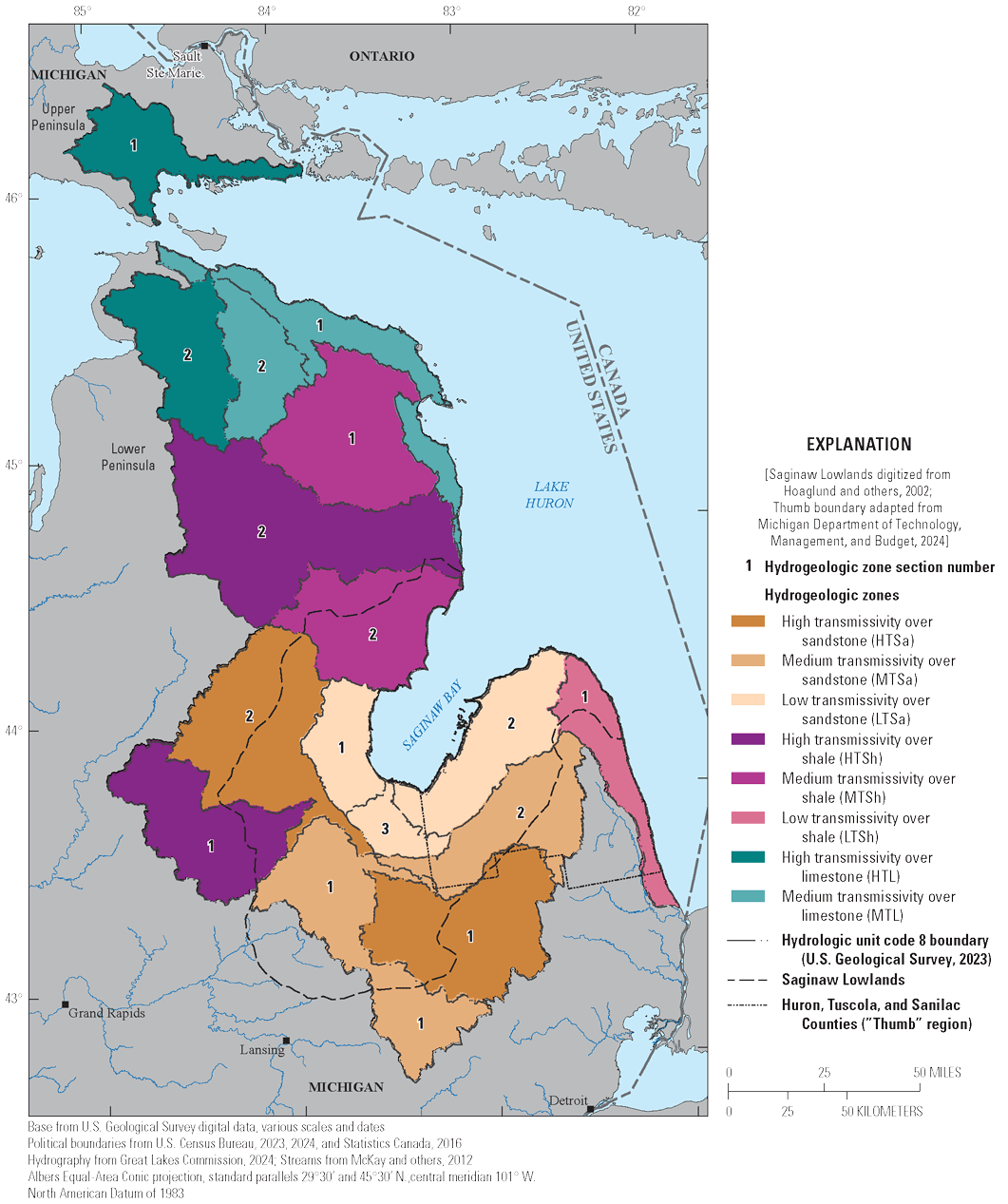 The basin is comprised of 16 different hydrologic unit code 8 (HUC–8) boundaries categorized
                        into 8 different hydrogeologic zone classifications. Each HUC–8 then received a section
                        number associated with 1 to the maximum number of HUC–8s that received that hydrogeologic
                        zone classification. The 4 most northern HUC–8s are categorized as high and medium
                        transmissivity glacial deposits overlaying limestone bedrock. The middle part of the
                        basin generally has high and medium transmissivity glacial deposits overlaying shale
                        bedrock. In the southern part of the basin, most of the hydrogeologic zones are categorized
                        overlaying sandstone bedrock, and transmissivity of the glacial deposits tends to
                        decrease moving towards the shoreline of Lake Huron.