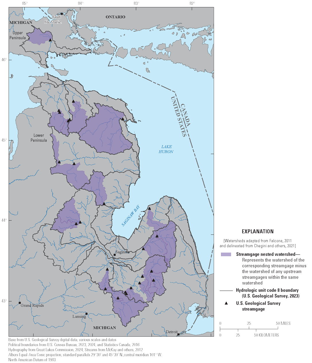 Five of the 8-digit hydrologic unit codes in the basin had no streamgages. More streamgages
                           are present in the southern half of the basin when compared to the northern section
                           of the basin.